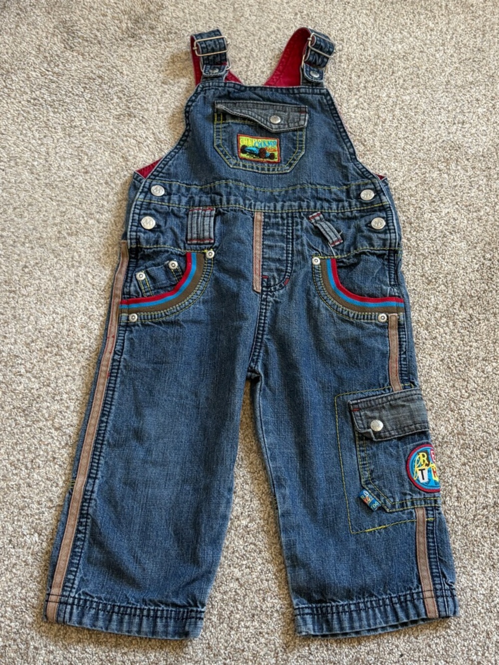 Vintage Blue Denim Kids Overalls with Red Accents